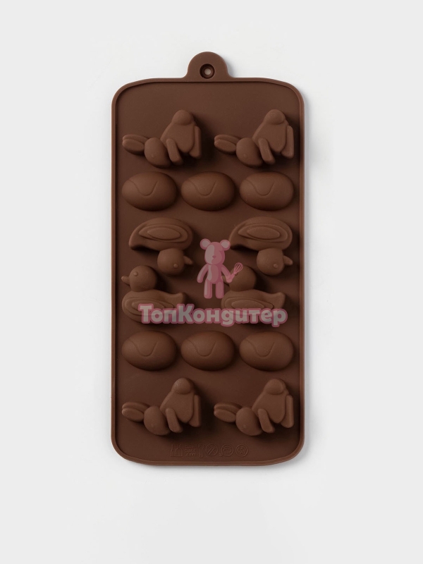 Форма для конфет и шоколада Доляна «Зайцы, утки и яйца», силикон, 22×10.2×1.4 см, 14 ячеек, коричневая