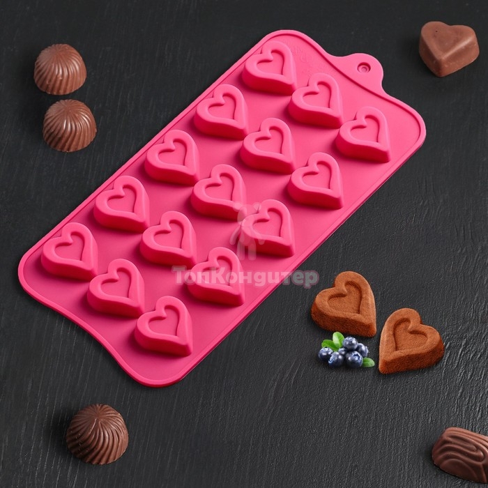 Форма для льда и шоколада «Сердечко», 21×10 см, 15 ячеек (2,7×2,8 см), цвет МИКС