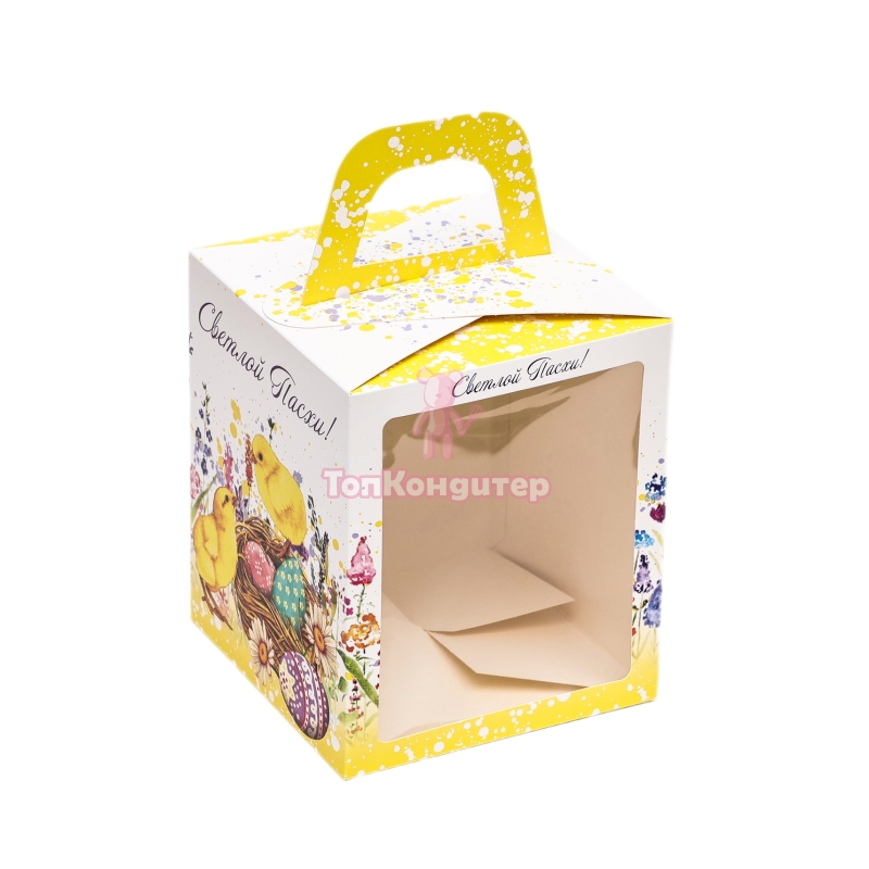 Коробка для кулича с окном "Цыплята" 15 см*15 см*18 см