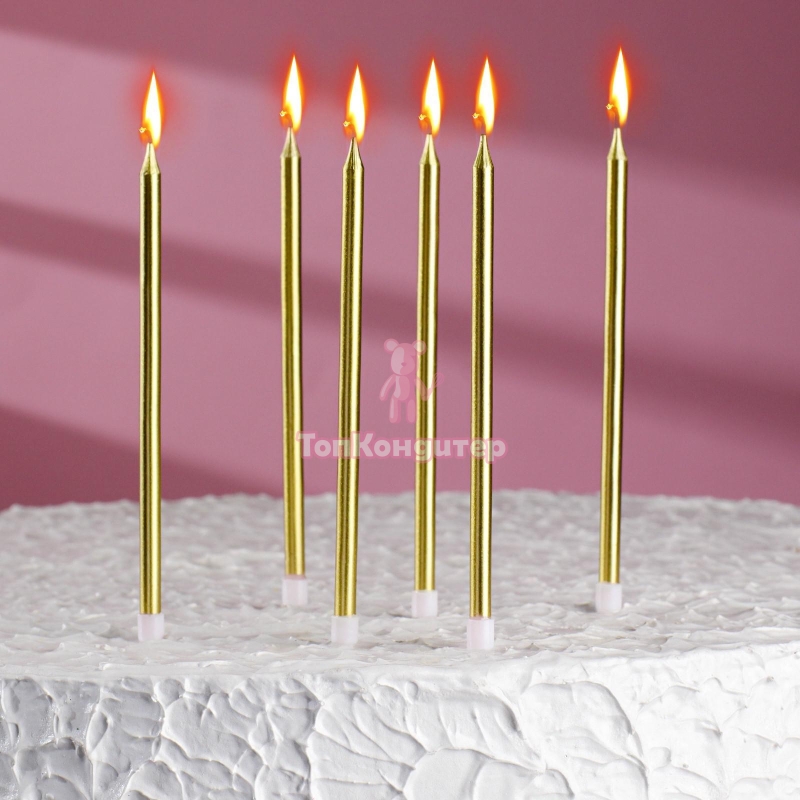 Свечи в торт "Ройс", 6 шт, высокие, 13 см, золотой металлик