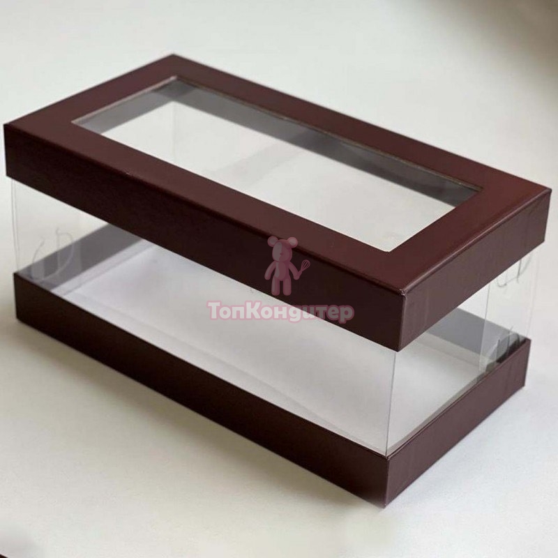 Коробка под половину рулета 21 см*11 см*10 см коричневая с прозрачными стенками и окном "Люкс"